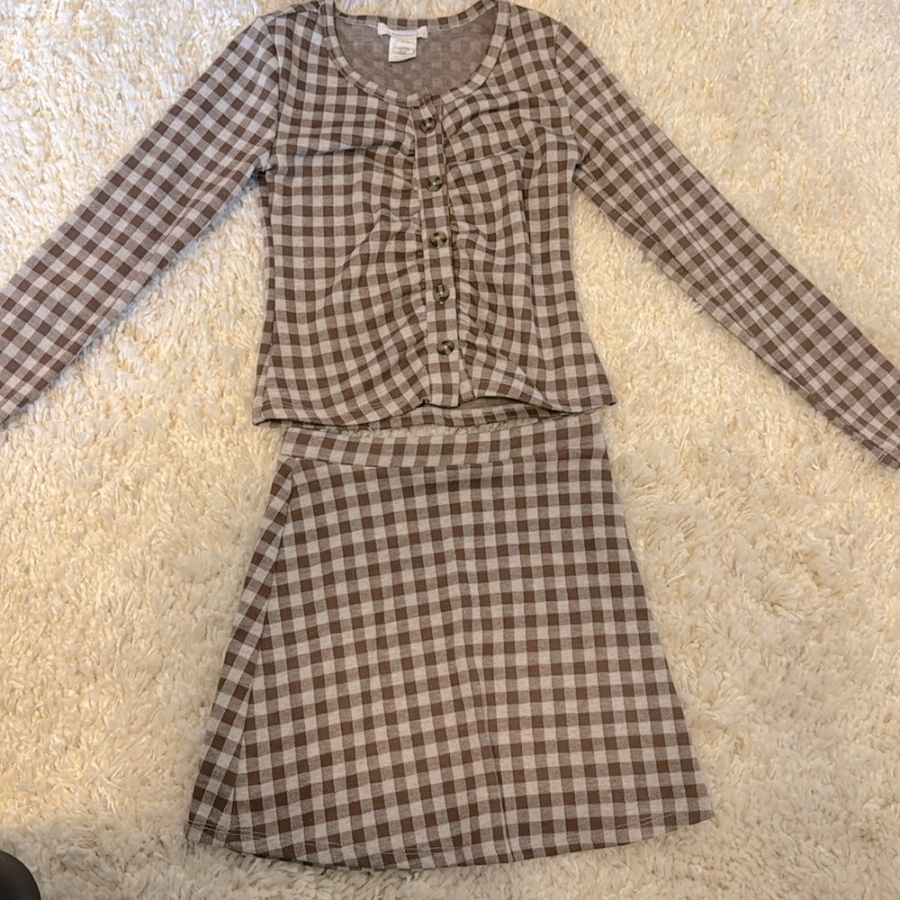 Brown and White Plaid Top and Skirt set